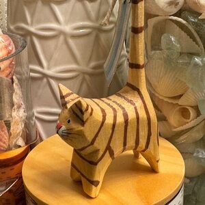 Handmade carved  Wooden Cat Figurine - Brown Striped